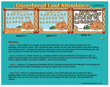 Smartboard Attendance Gingerbread Land theme with 3 program options
